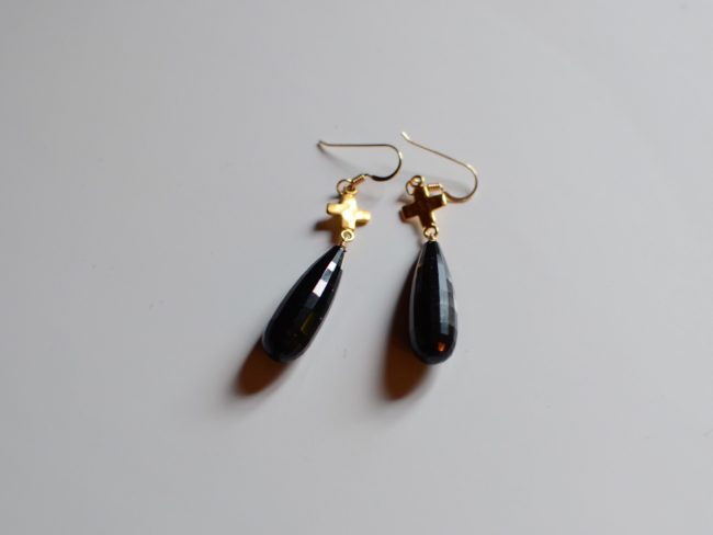 Gold Cross and Onyx Drop Earrings