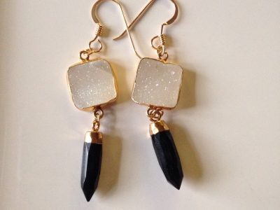 White Druzy and Black Onyx Drop Earrings