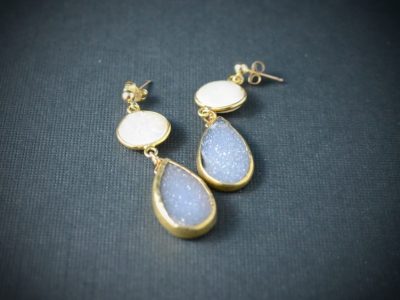 Mother of Pearl and Grey Quartz Druzy Drop Earrings