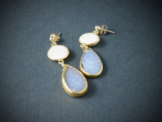 Mother of Pearl and Grey Quartz Druzy Drop Earrings