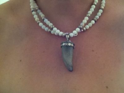 White Opal and Silver African Bead Necklace w/ Horn