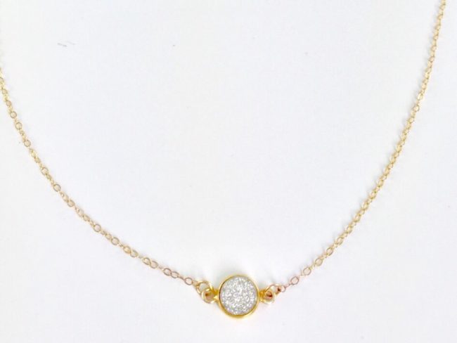Gold Fill Layering Necklace w/ Silver Druzy Solitaire Pendant